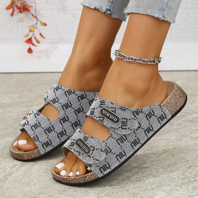 

Summer new women s shoes round head solid color Velcro women s character solid wood thick-soled cool slippers 43 серый