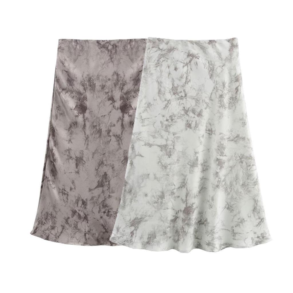 2025 Spring Women's European & American Ink Wash Satin Midi Skirt