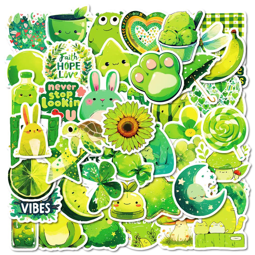 50 Green Graffiti Stickers Flowers Turtle Mushrooms Non-Repeating Decorative Stickers