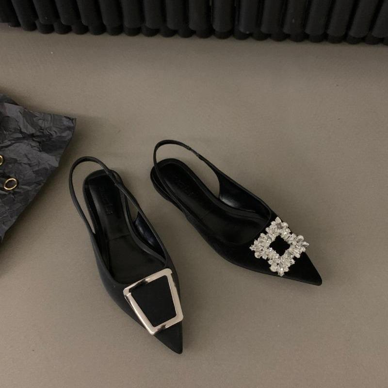 French Flat-soled Black Bag Head Sandals Fairy Shoes 2025 New Spring and Summer Pointed Rhinestone Temperament Single Shoes
