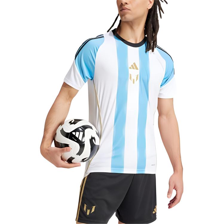 adidas Collezione Messi SS24 Moda Logo Girocollo Allenamento Manica Corta Maglia da Calcio Uomo Top Bianco Blu IZ2996
