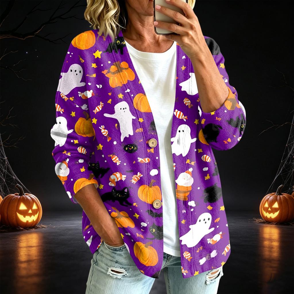 Women's Casual Button Down Halloween Print Jacket for Fall Seasonal Wear