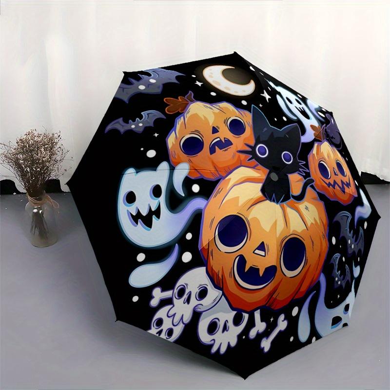1 Stück Halloween-Thema Katze & Kürbis Cartoon-Regenschirm, Tragbarer 3-fach kompakter Regenschirm, Geeignet für Camping, Wandern und Reisen, Ideal Ostern