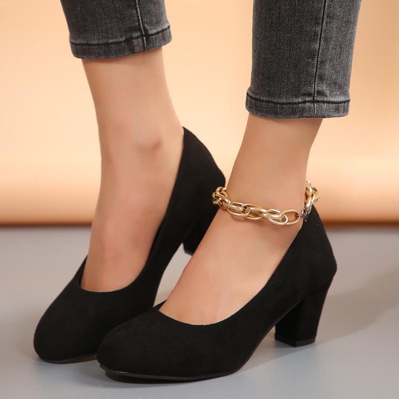 Leopard Suede Block Heel Single Shoes Fashion Round Toe Shallow Mouth Slip-On Pump Heels