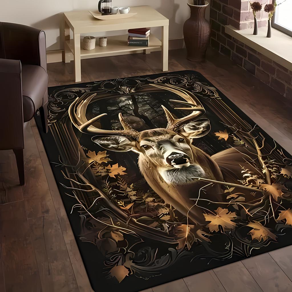 Vintage Autumn Deer Print Non-Slip Area Rug, Soft Flannel Carpet for Living Room Bedroom Entryway Study Game Room Decor