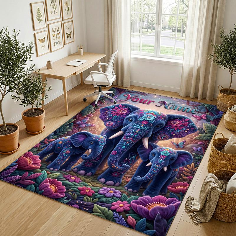Elephant Theme Crystal Velvet Rug Personalized Custom Name Text Soft Floor Mat Home Decor