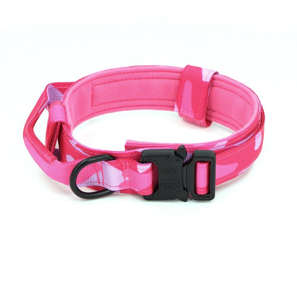 

Pink camouflage tactical dog training collar, made of nylon, with an adjustable strap, handle, and metal buckle M