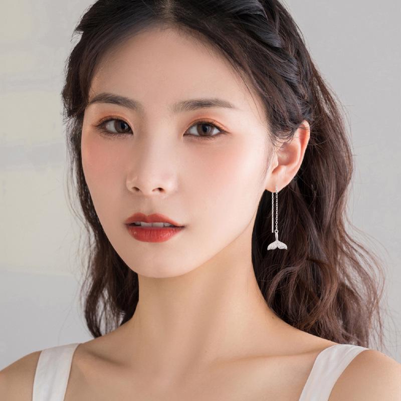 S925 Sterling Silver Diamond Fishtail Ear Wire Women's Slimming Tassel Earrings