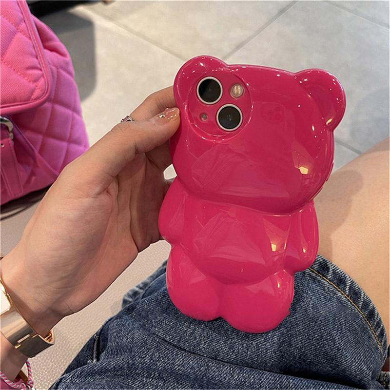 Ins Korean Cute 3d Cartoon Bear Pink Phone Case For Iphone 14 13 12 11 Pro Xs Max X Xr Lovely Animal Shockproof Soft Back Cover