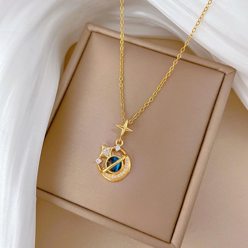 Sternenhimmel Stern Mond Voller Diamanten Licht Luxus Temperament Wunderschöne Voll Diamant Halskette Damen Vielseitige Schlüsselbeinkette Titanstahl