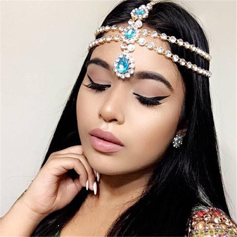 Hot Sale Blue Water Drop Pendant Forehead Lace Lady Temperament Fashion Shining Drill Head Chain Hair Accessories Wholesale