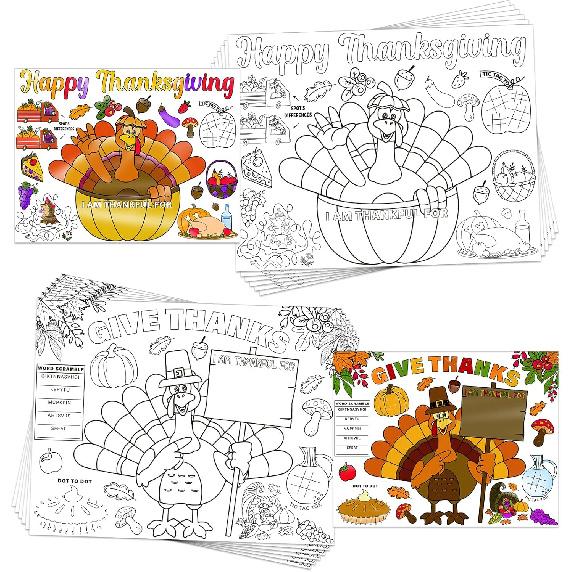 Thanksgiving Coloring Placemats for Kids - Set of 16 Turkey Table Mat Thanksgiving Disposable Paper Placemats Fall Harvest Thanks Giving Activities