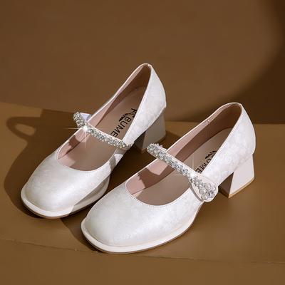Fashion Crystal Flower Women High Heels Shoes 2025 New Trends Shallow Chunky Mary Janes Shoes Autumn Elegant Fashion Dress Pumps Zapatos