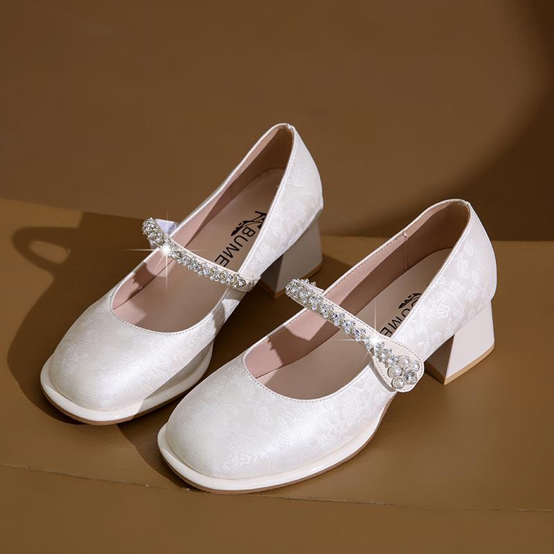 Fashion Crystal Flower Women High Heels Shoes 2025 New Trends Shallow Chunky Mary Janes Shoes Autumn Elegant Fashion Dress Pumps Zapatos