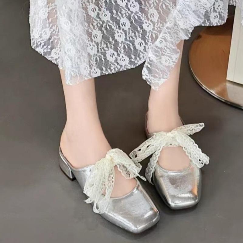 Fashion Block Heel Baotou Slippers Summer New Square Toe Shallow Mouth Lace Bow Non-slip Wear-resistant Cool Mopping