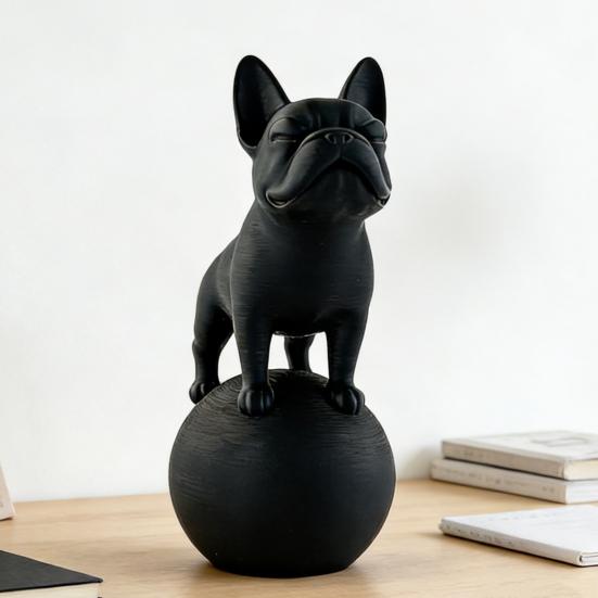 Standing on Ball Bulldog Figurine 3D Printed Black White Dog Statue Sculpture Home Office Desktop Decoration Ornament