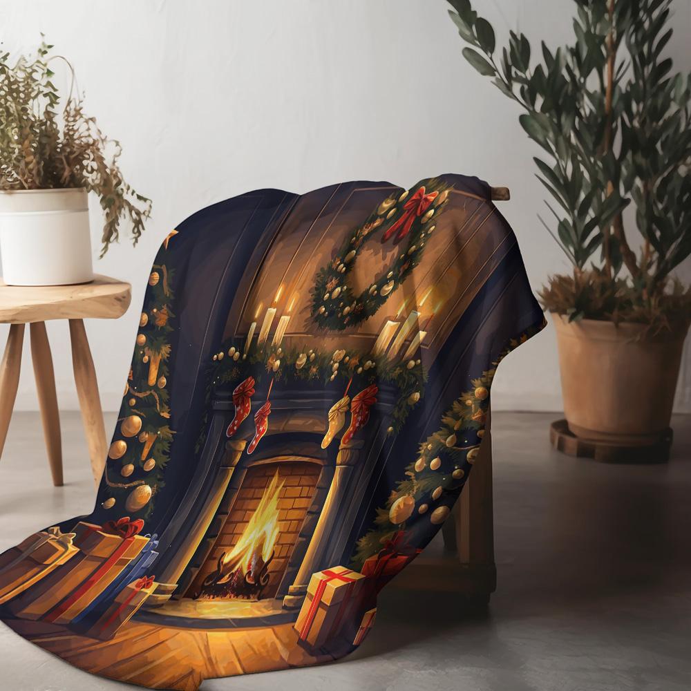 Уютный плед Tuniu с изображением камина для гостиной, спальни, дивана. Теплый плед 75x90cm