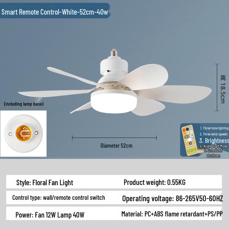 Silent Flower Pattern LED Ceiling Fan with E27 Base, Six Detachable Blades for Home, Bedroom, and Living Room.