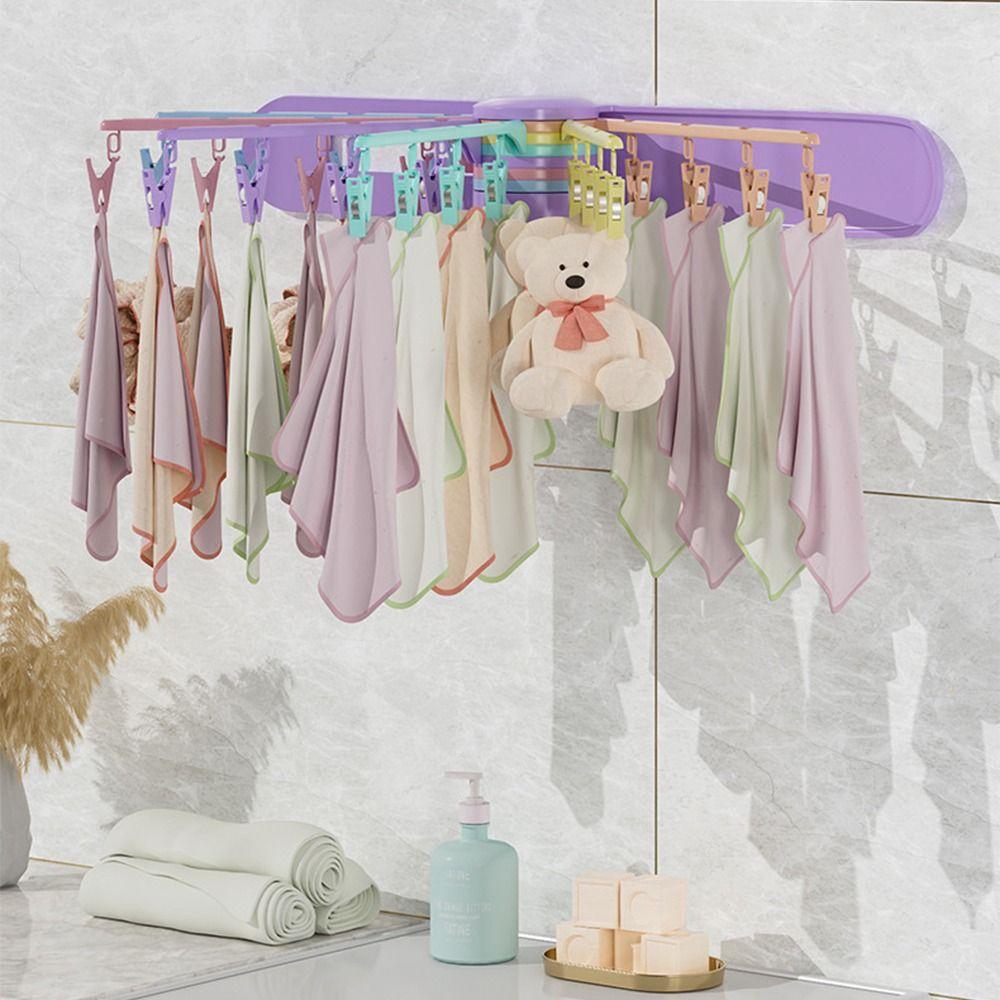 Wall Mount Rotary Drying Rack 24 Clips Underwear Hangers Folding Clothes Rack  Household