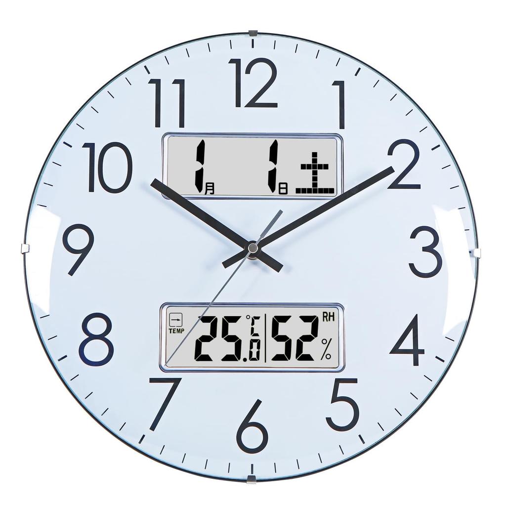 Nástěnné rádiem ovládané hodiny s vteřinovou ručičkou 33 cm, které ukazují den v týdnu a zastavují se v noci. Kulaté bílé hodiny, ukazují teplotu, vlhkost, datum, průměr.
