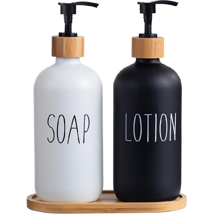 HBlife Glass Dish Soap Dispenser for Kitchen, 16 OZ Hand and Dish Soap Dispenser Set with Bamboo Tray Modern Farmhouse Kitchen Bathroom Decor and Soap Lotion (Black/White)