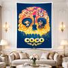 Coco marigold-petal skull arch framing Miguel and a guitar-strumming skeleton, deep navy and glowing orange Day of the Dead art, Tapestry