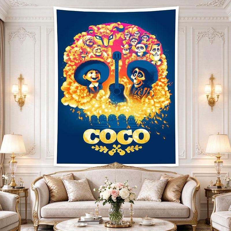 Coco marigold-petal skull arch framing Miguel and a guitar-strumming skeleton, deep navy and glowing orange Day of the Dead art, Tapestry