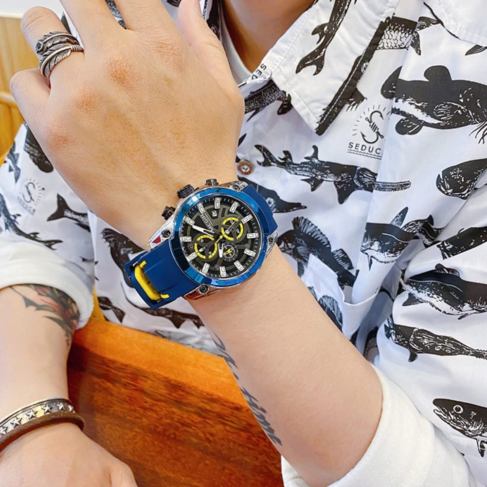 MEGIR Men's Sports Watch, Fashion Chronograph, Waterproof Quartz Movement, Casual Date Wristwatch with Silicone Strap, Blue Yellow, 2021.