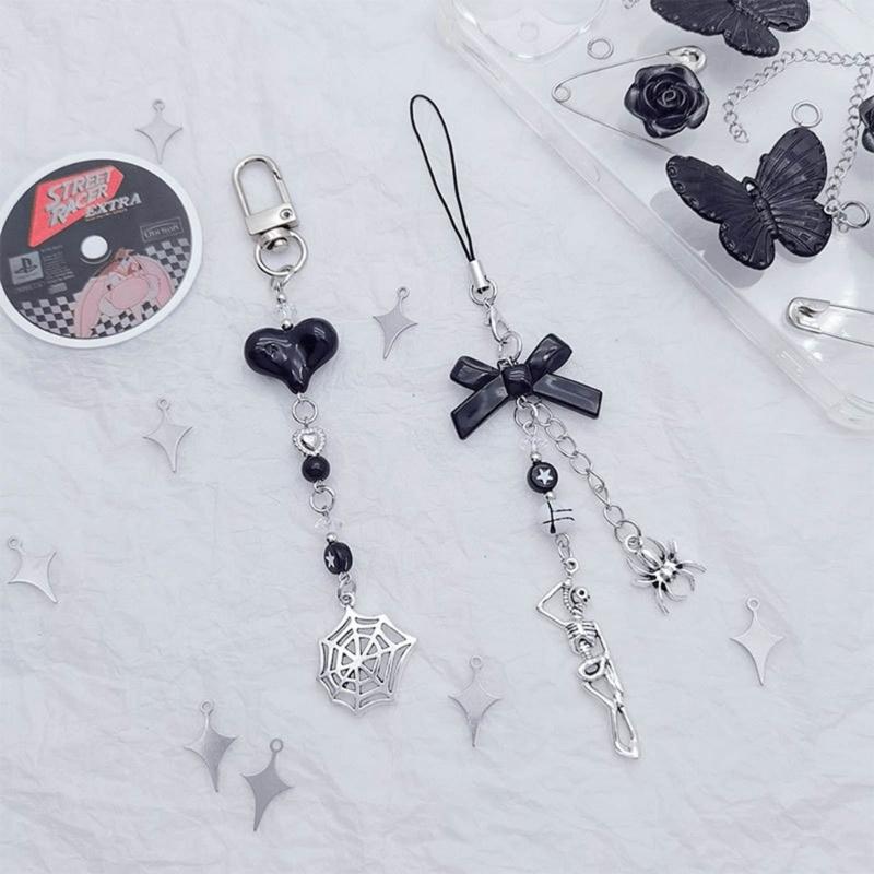 DIY Handmade Cute Phone Charm Y2K Women Halloween Spiders Pendant Bowknot Strap Lanyard Crossed Bead Cartoon Accessories