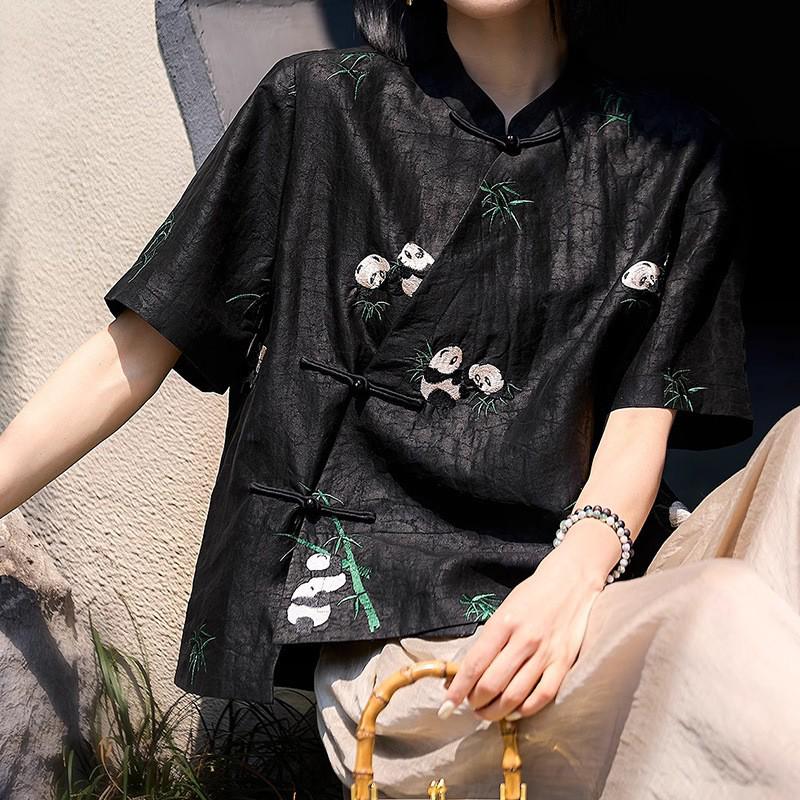 22MM Seiden-Schildpatt-Panda-Stickerei T-Shirt - Neuer Chinesischer Stil Maulbeerseide Damen Sommer Oberteil