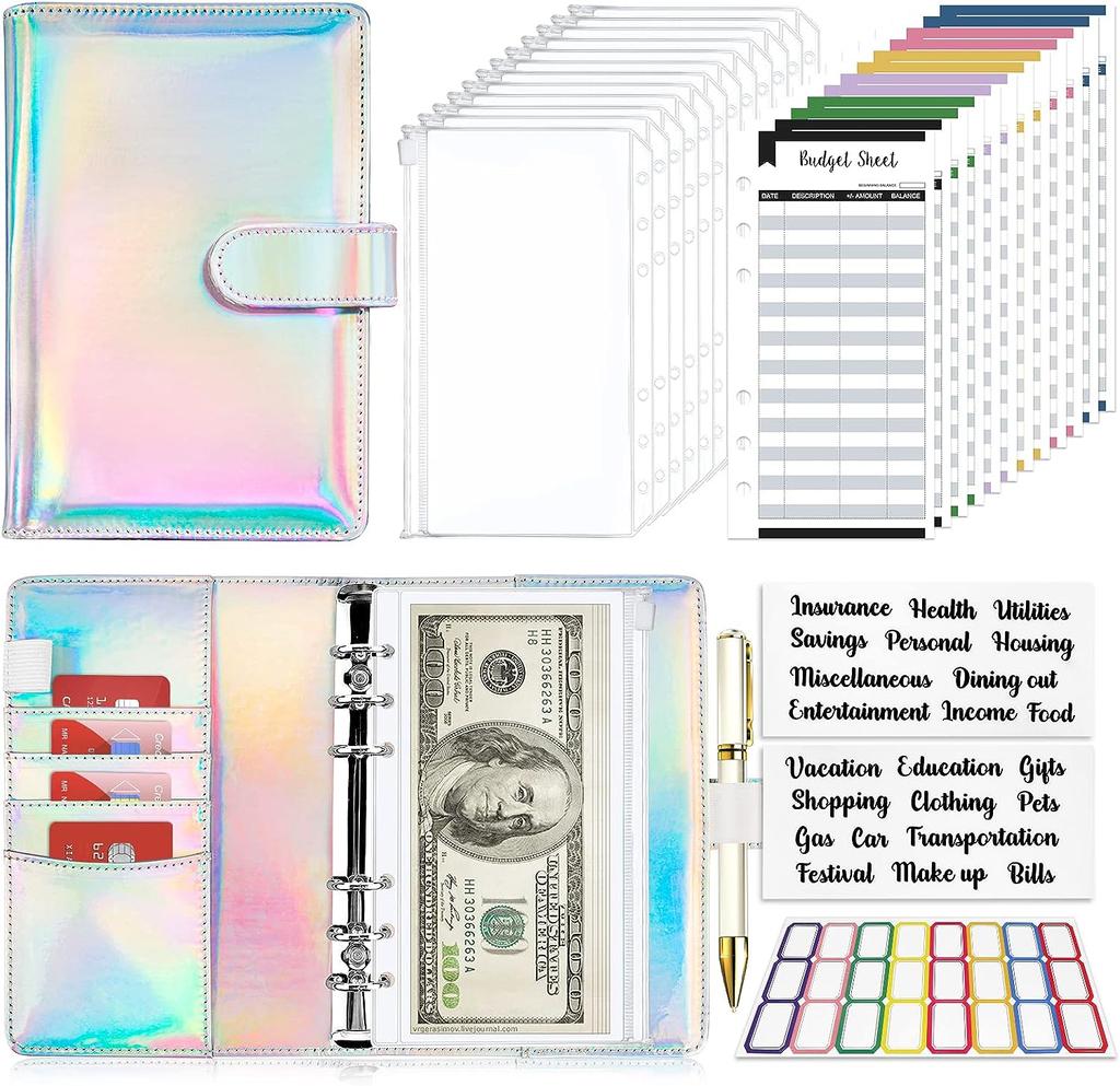 2023 Laser Budget Binder Zipper Envelopes Organizer Cash Envelopes for Budgeting Saving Money A6 Planner 6 Pockets Accessories