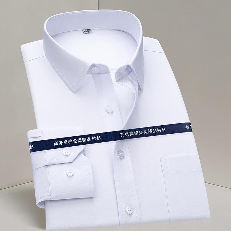 Men Formal Shirt Long Sleeve Office Solid Color Striped Anti-Wrinkle Fashion Business Pocket White Social Pocket Blue Shirt