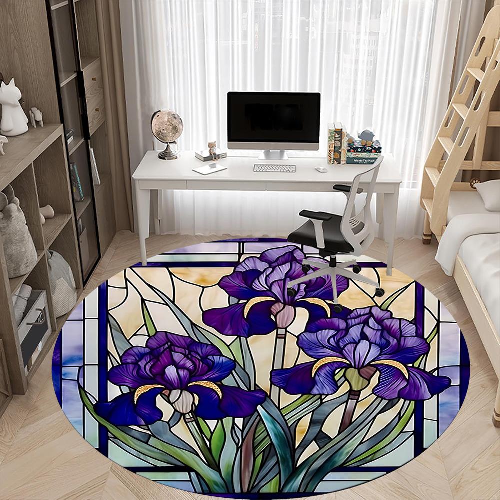 1pc Iris StainedGlass Office Round Area Rug, Under Office Chairs Bedroom Living Room Home Decor, Room Deco