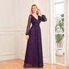 European Style Shiny Pleated Long Sleeve V-Neck A-Line Evening Gown