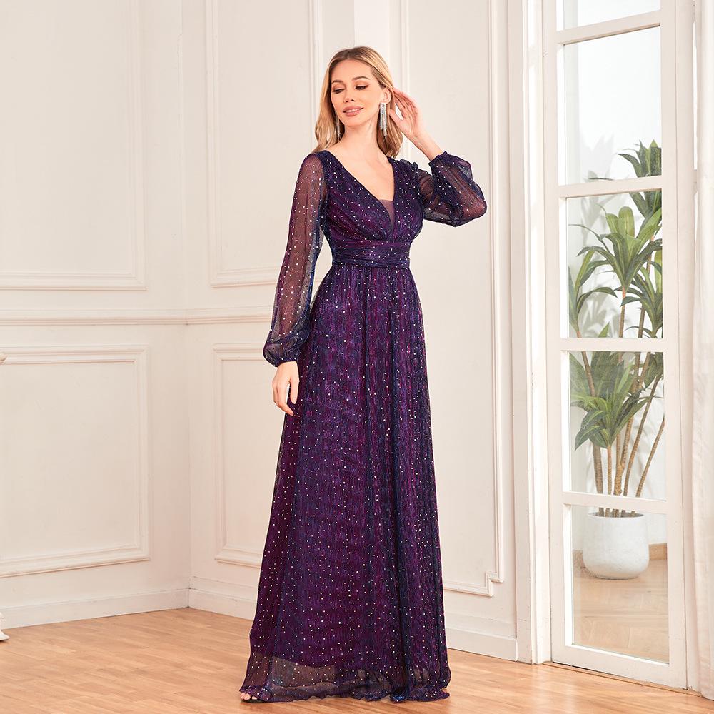 European Style Shiny Pleated Long Sleeve V-Neck A-Line Evening Gown