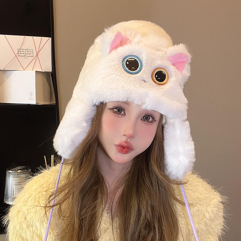 

Японская милая шапка-голова кошки с большими глазами для женщин на осень и зиму, утолщенная теплая шапка-мешок на голову, защита ушей, плюшевая шапка-ушанка M（56-58cm）