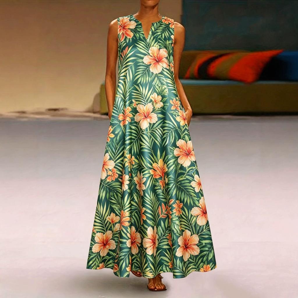 Retro Floral Color Matching Printing V-neck Sleeveless Loose Pendulum Long Dress