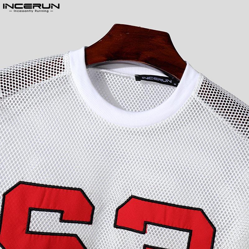 INCERUN Men Long Sleeve Print Hollow Out Fishnet Loose Sport Tops