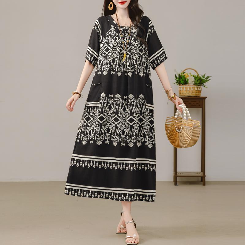 Women's Plus Size Maxi Dress, Boho Print Loose Short Sleeve Casual Dress with Pockets (XL-5XL)