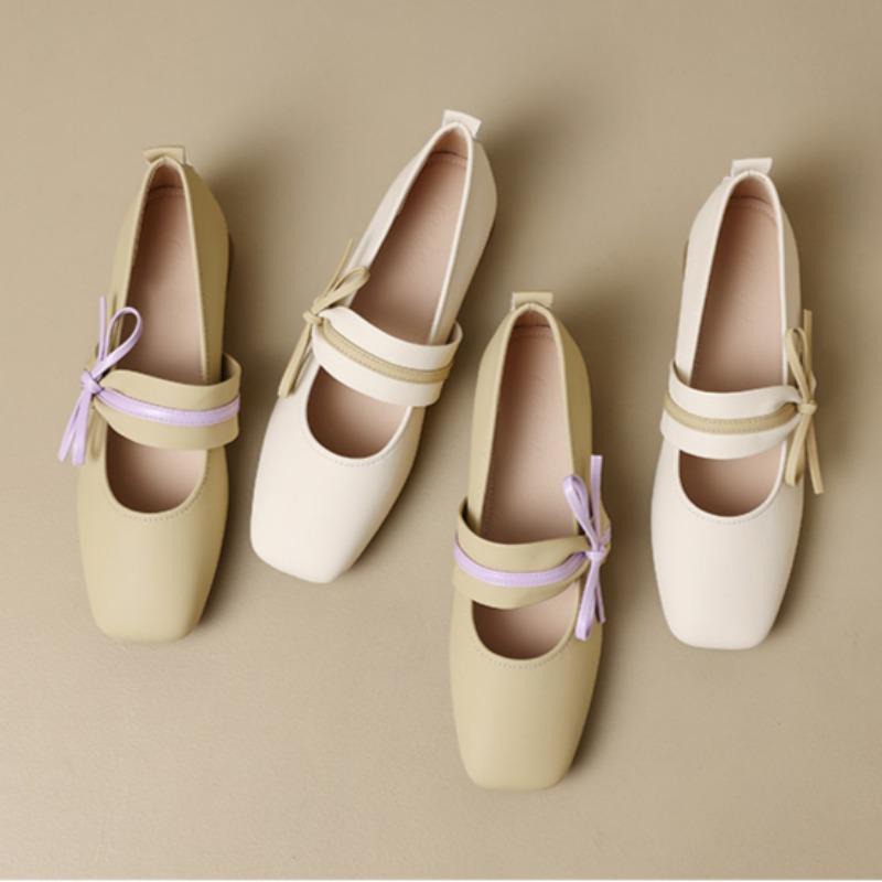 Spring New Single Shoes Women's Square Head Shallow Mouth Butterfly Knot Soft Sole Anti-slip Wear-resistant Low-top Shoes