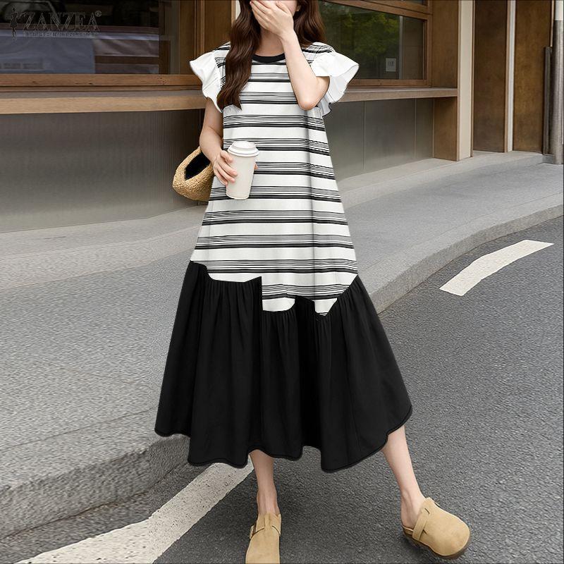 ZANZEA Women Round Neck Ruffles Short Sleeve Casual Stripe Patchwork Long Dress