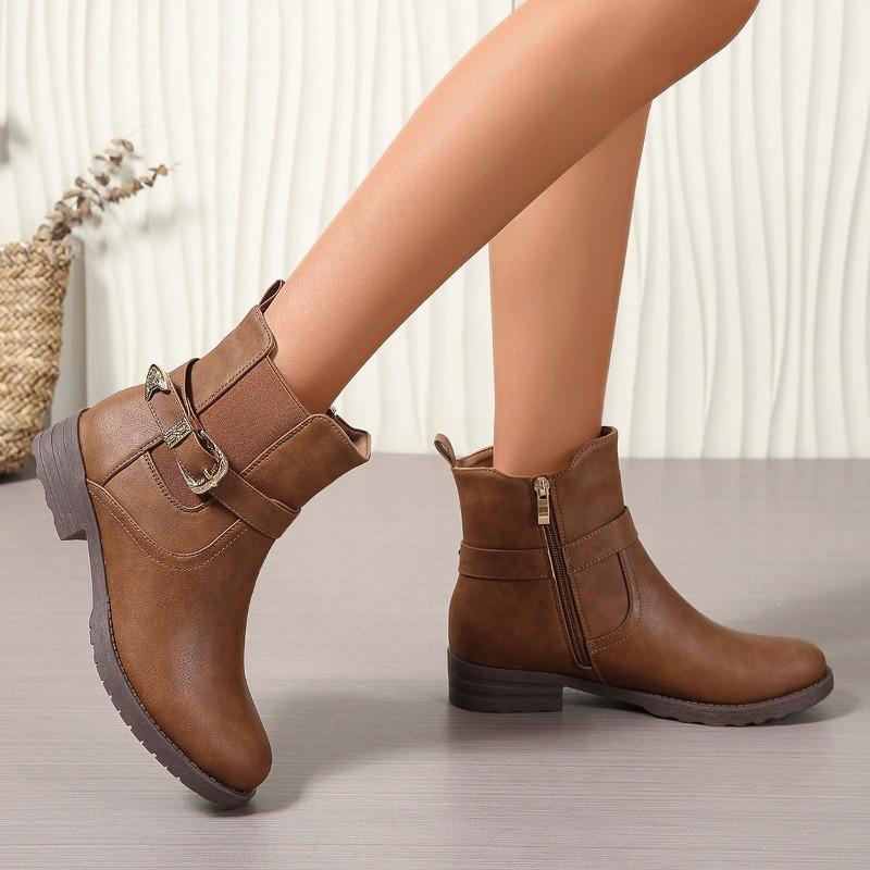 New Popular Retro Buckle Strap Ankle Boots Women Low Heels Brown Platform Leather Boots Woman Autumn Side Zipper Short Boots