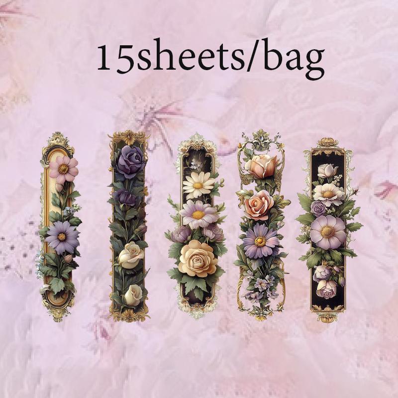 15 Sheets/Bag Floral Long Strip Stickers For Creative Journal Scrapbooking Stationery Planner Phone Case Gift Decor