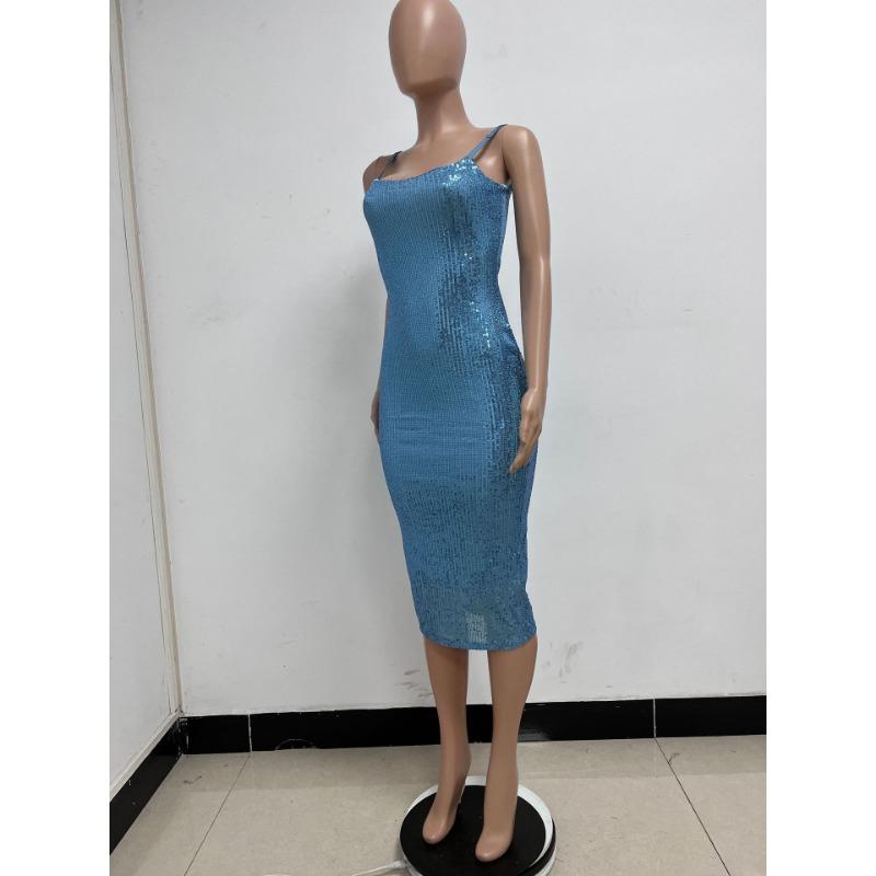 Dámské přiléhavé šaty střední délky s flitry Letní bez rukávů halter šaty