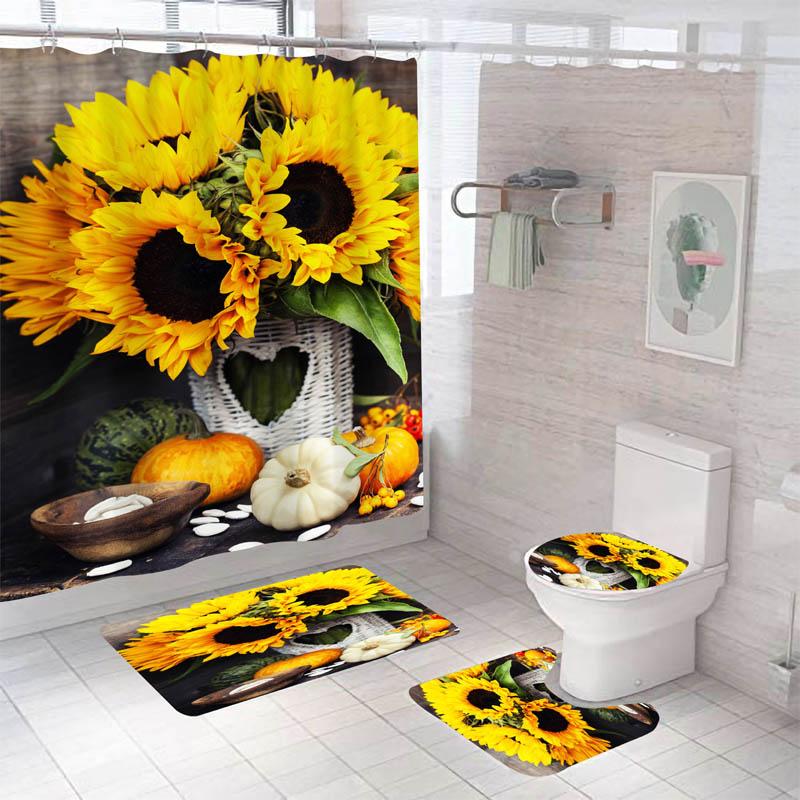 Modern Flowers And Butterfly Waterproof Shower Curtain Set Toilet Seat Cover Bath Nonslip Mat Rug Carpet Bathroom Decor Washable