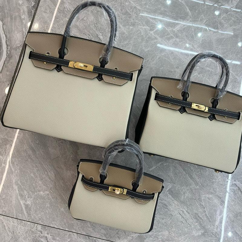 Cross-border Lychee Pattern Color Matching Platinum Bag Cowhide Women's Bag Contrasting Color Handbag Large Capacity Shoulder Crossbody Wedding Bag