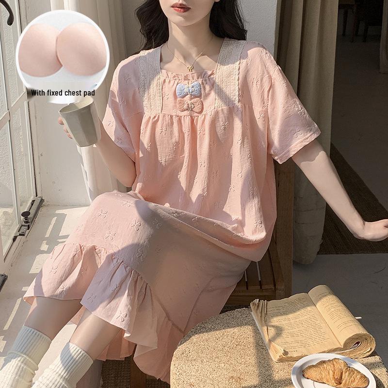 2026 Summer Princess Style Embossed Cotton Nightgown with Bra Pads - Women's Long Short-Sleeve Home Dress