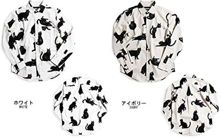 Quintet Black Cat Print Long Sleeve Made in Size White Men's Shirt, Casual, Japan, XL, (Product Code 01-78737)