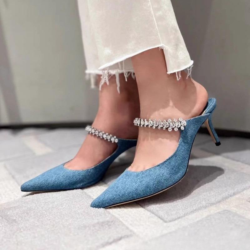 Fashion Women's Pointed Toe High Heels Rhinestone Chain Open Toe Sandals Sparkly Luxury Full Rhinestone Chic