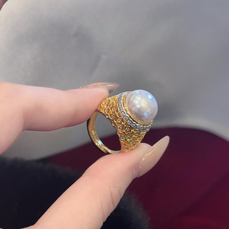 Medieval Copper-Plated Gold-Studded Diamond Pearl Open Ring Ring Ring Women'S Personality High-End Hand Jewelry